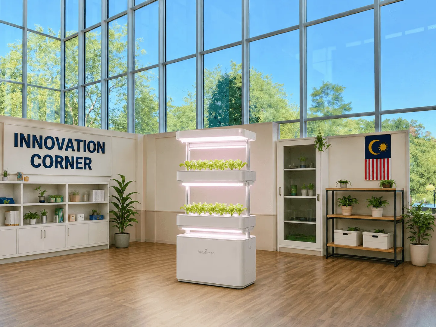 AeroGreen AeroPod in a school Innovation Corner with leafy greens under grow lights