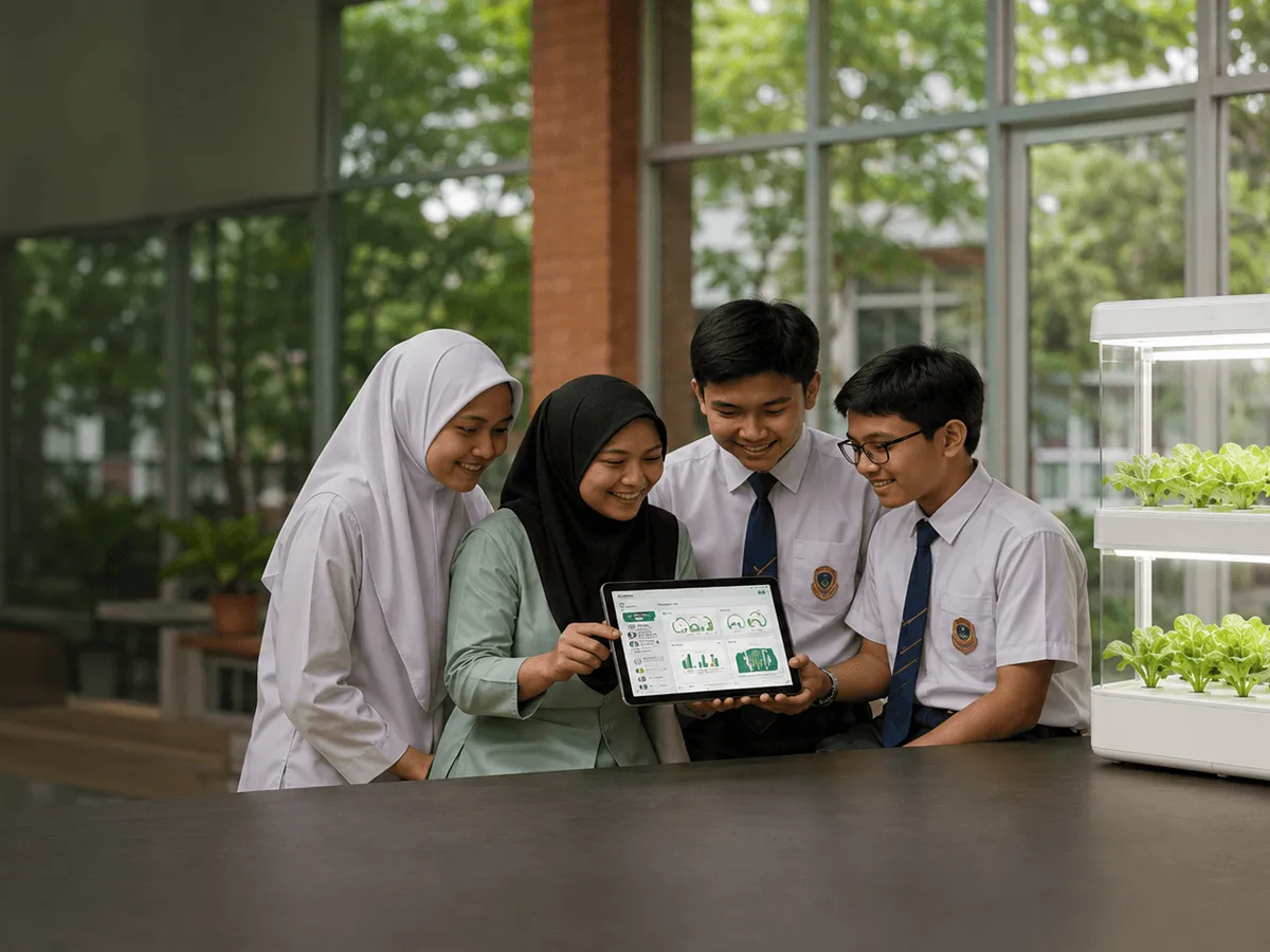 Students monitoring AeroPod hydroponic garden data on a tablet in a modern school lab